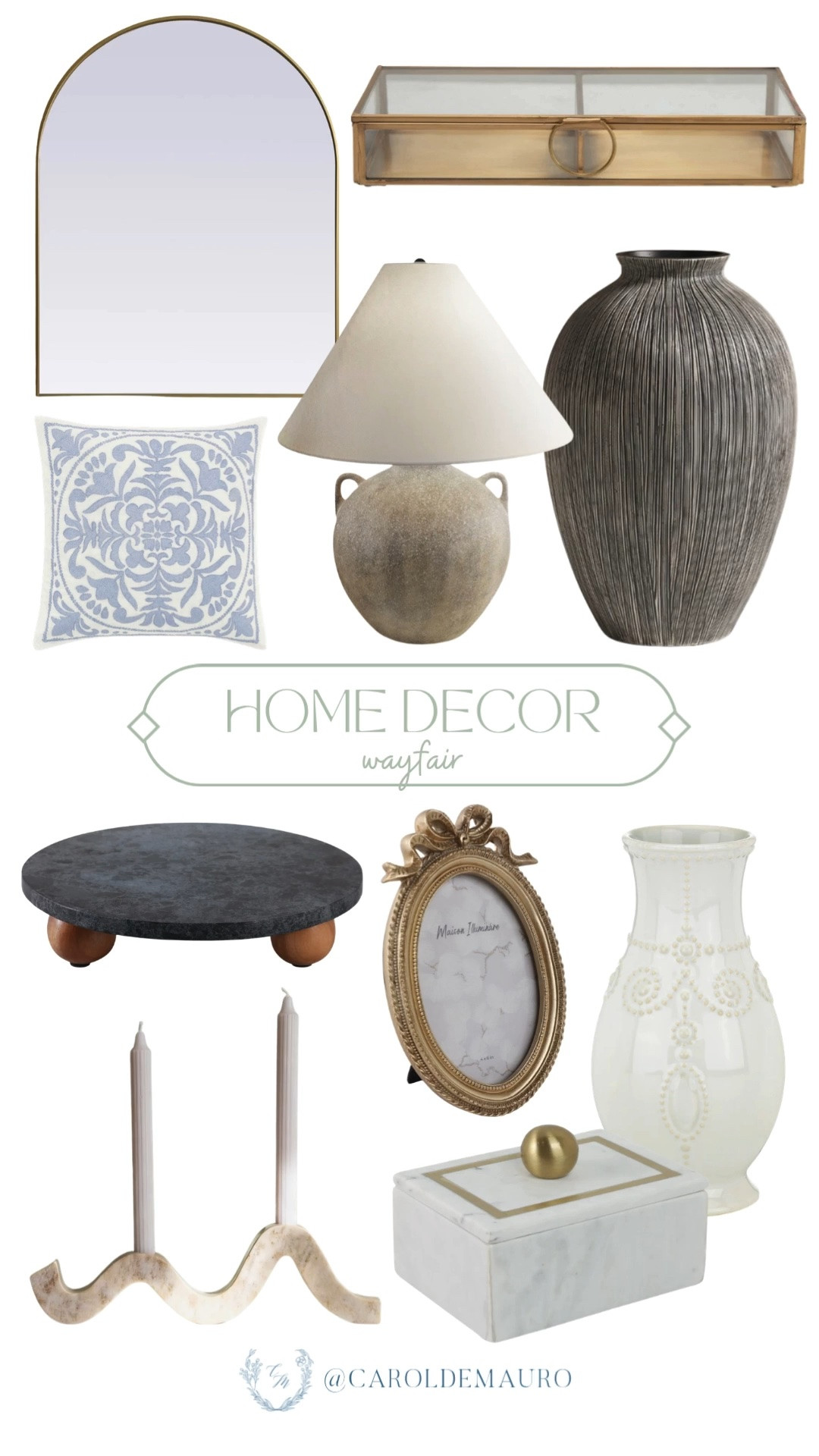 home decor, wayfair, arch wall mirror, glass trinket box, throw pillow, ceramic table lamp, pedestal tray, wavy candle holders, ornate picture frame, tall vase, vintage look classic style

#LTKHome