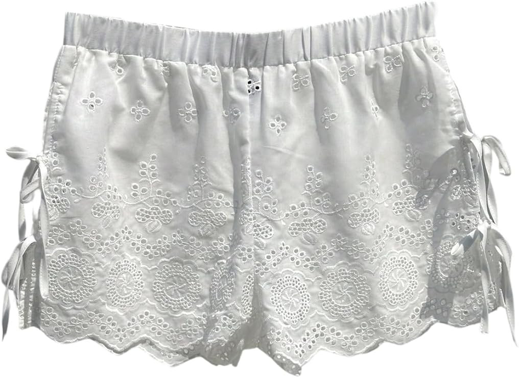 SweatyRocks Women's Bow Tie Knot Boho Shorts Elastic Waist Embroidery Eyelet Summer Short | Amazon (US)