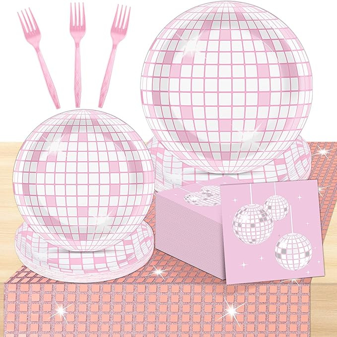Disco Party Supplies Pink Silver Disco Party Plates Napkins Table Runner Pink Disco Birthday Part... | Amazon (US)