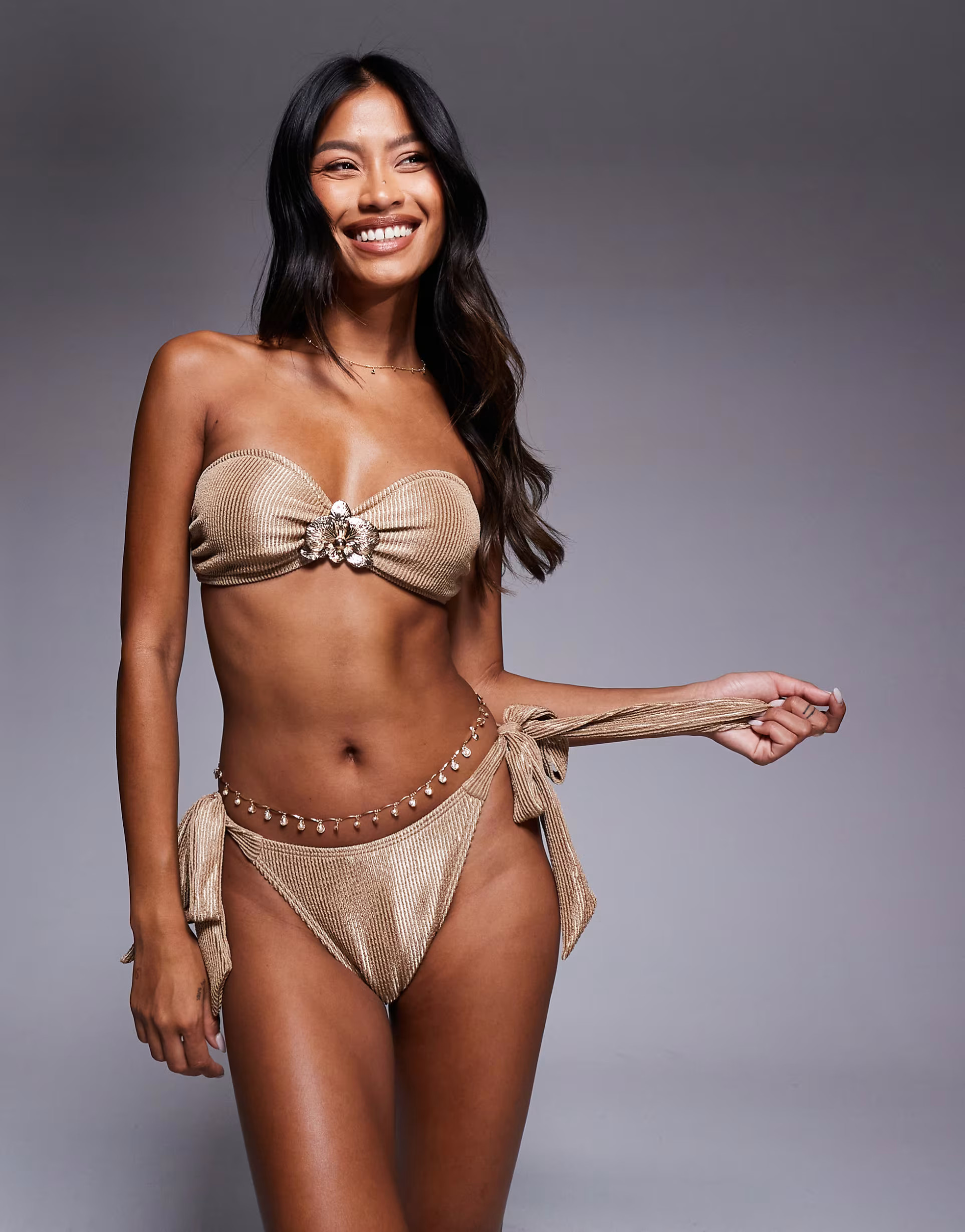 South Beach crinkle bandeau bikini top with gold flower detail in caramel | ASOS | ASOS (Global)