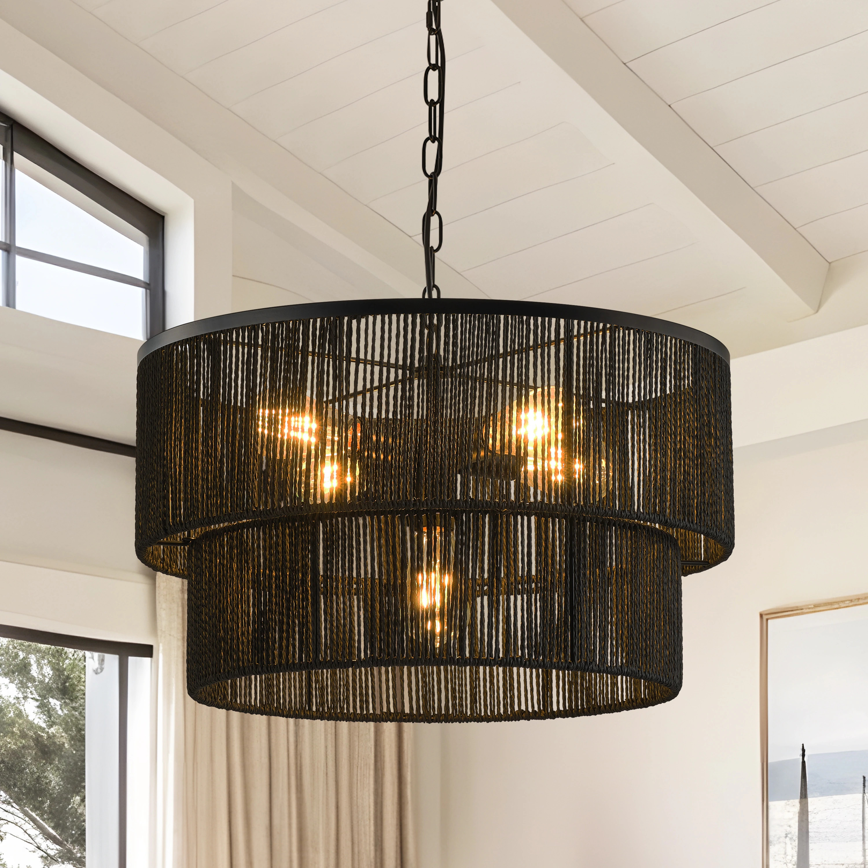 Starsky 5-Light Tiered Rattan Drum Pendant - Black | Overstock