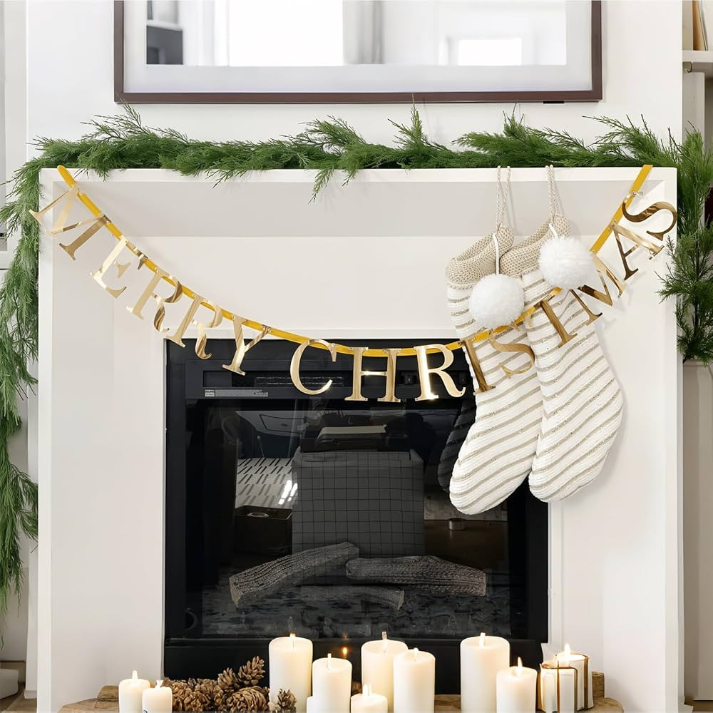 Breling 59 Inch Merry Christmas Metal Banner Vintage Christmas Decorations Brass Finish Garland w... | Amazon (US)