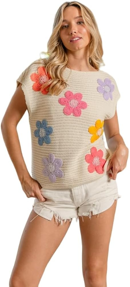 Multi Jeweled Crochet Flower Patch Sweater Vest | Amazon (US)