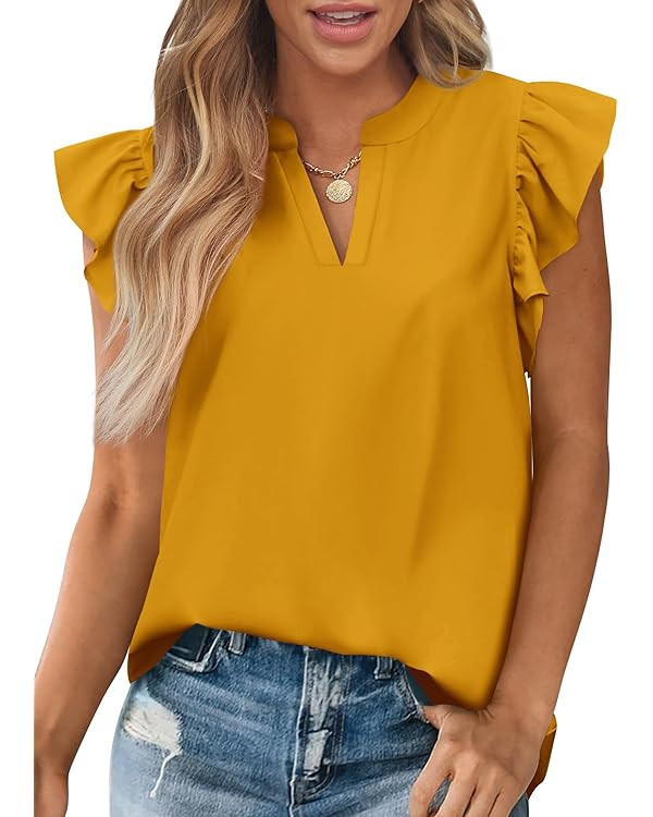 Zenlonr Womens Summer Tops 2025 Casual V Neck Ruffle Cap Sleeve Blouse Shirts Basic Tunic Tops Sp... | Amazon (US)