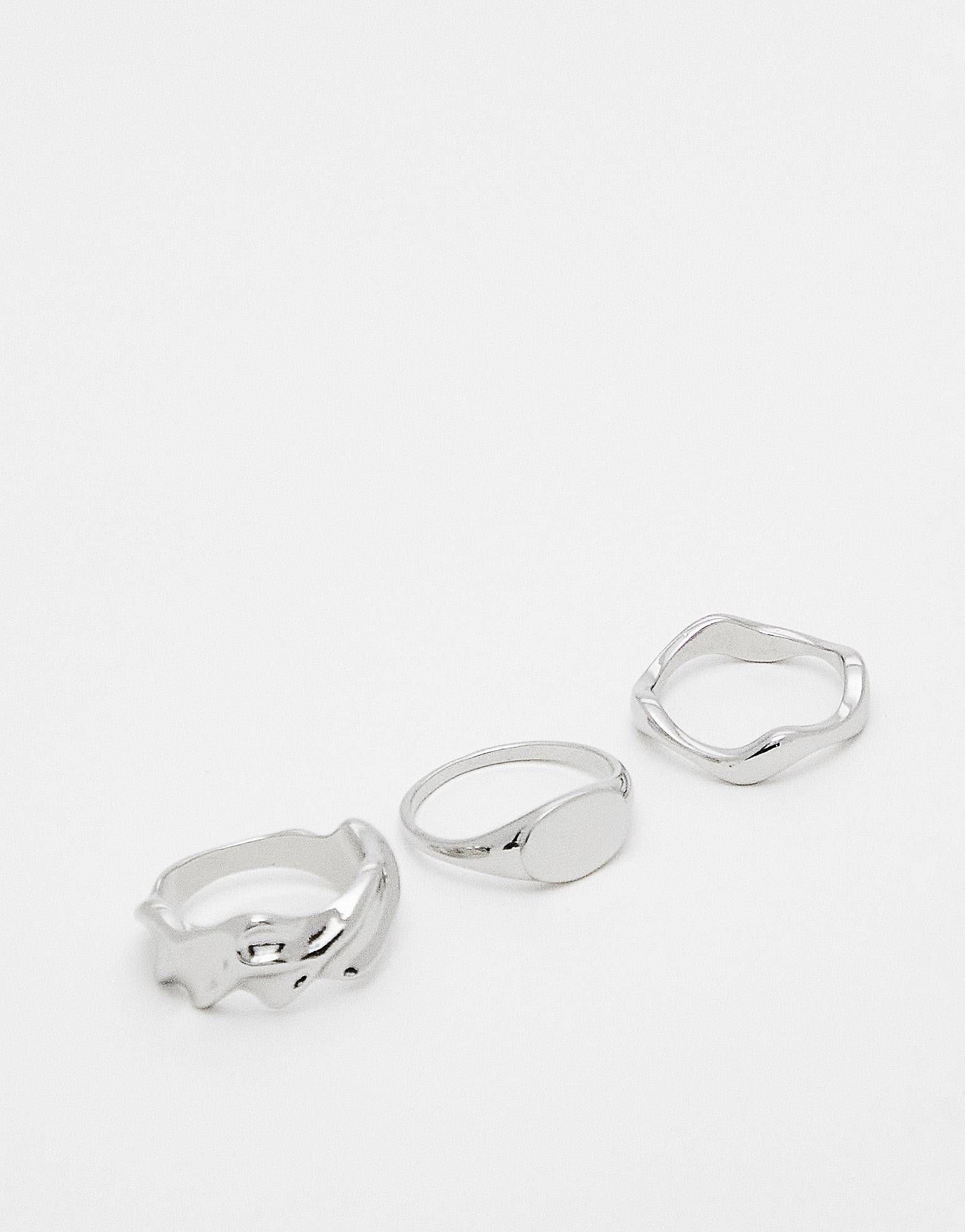 ASOS DESIGN pack of 3 rings with molten design in silver tone | ASOS (Global)