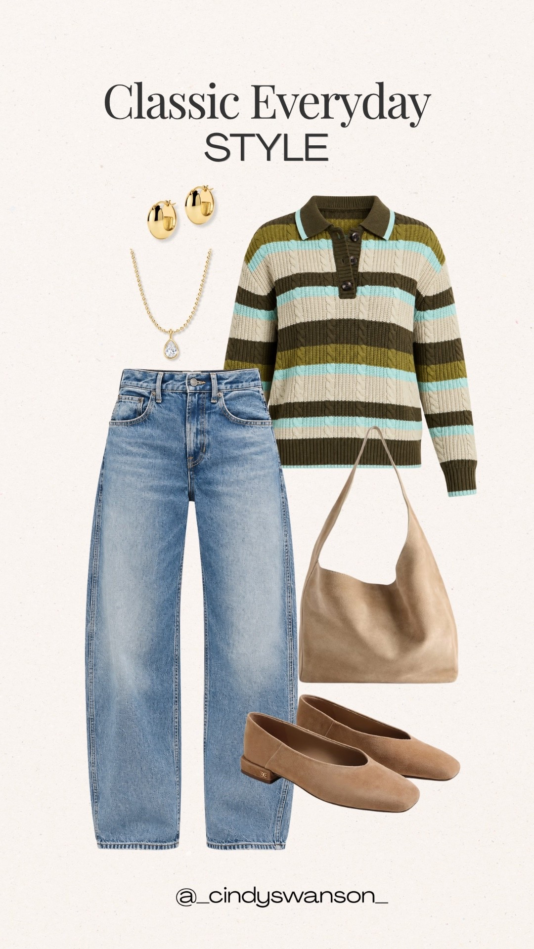 A striped knit polo is such a lovely way to add a little color to a classic jeans outfit. I love the combination of olive green, cream, and soft aqua stripes with light-wash jeans and neutral ballet flats. It's an easy, polished look for lunch out, weekend errands, or everyday plans, with timeless pieces you can mix and match throughout the season.