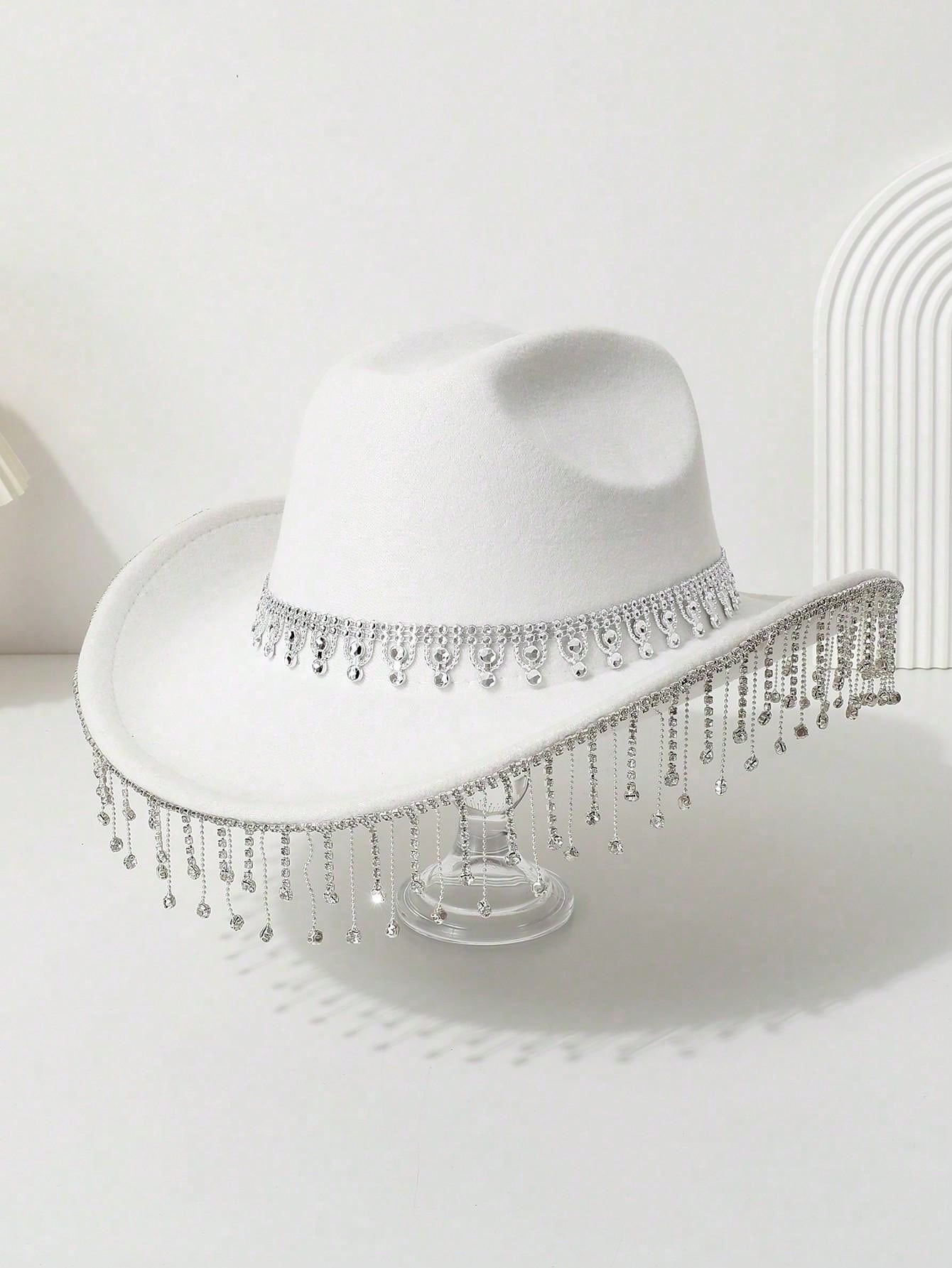 1pc Women's Solid Color Sparkling Crown, Fringe, Faux Rhinestone Embellished Western Cowboy Hat, For Casual Wear, Party, Wedding, Festival Halloween | SHEIN