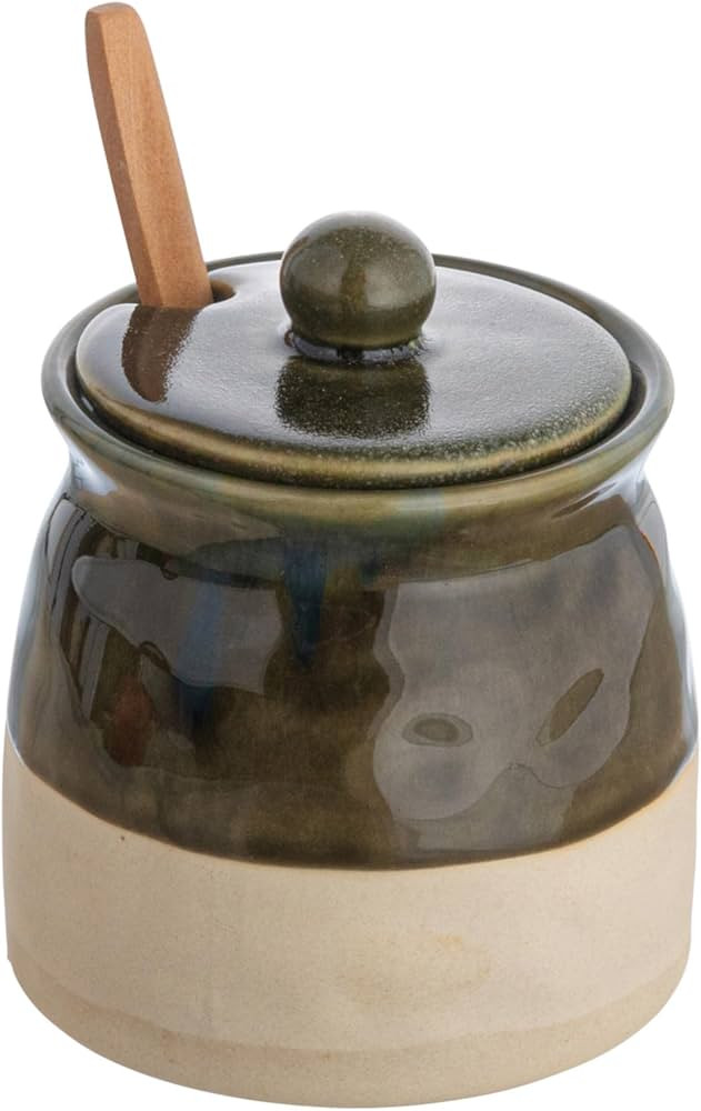 Creative Co-Op Stoneware Sugar Pot with Lid and Wood Spoon, Deep Green Glaze | Amazon (US)