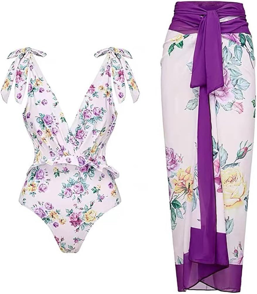 Women One Piece Swimsuit with Matching Cover Ups Floral Sexy Bikini Sets High Cut Push Up Two Pie... | Amazon (US)