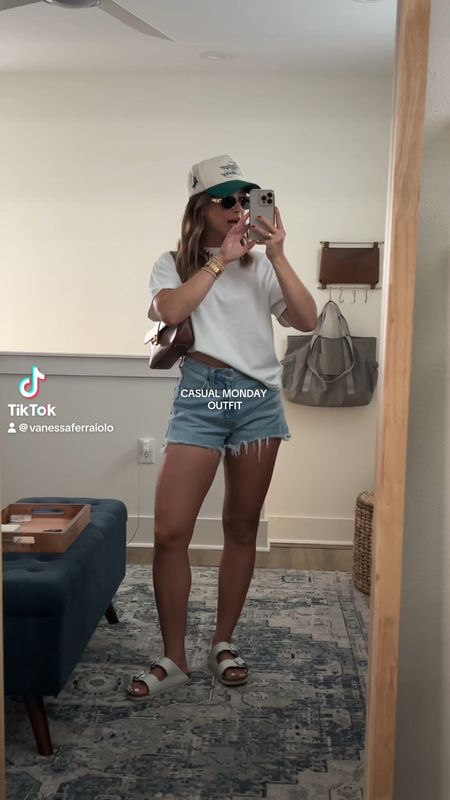 5/20/24 Casual Monday outfit 🫶🏼 Casual summer outfit, casual summer outfit ideas, casual outfit inspo, denim shorts, jean shorts, basic white tee, white tee, basic white tshirt, Birkenstock sandals, Birkenstock big buckle sandals 