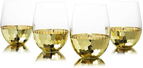 MyGift Modern Stemless Wine Glasses with Hammered Brass Metal Bottoms, Set of 4 | Amazon (US)