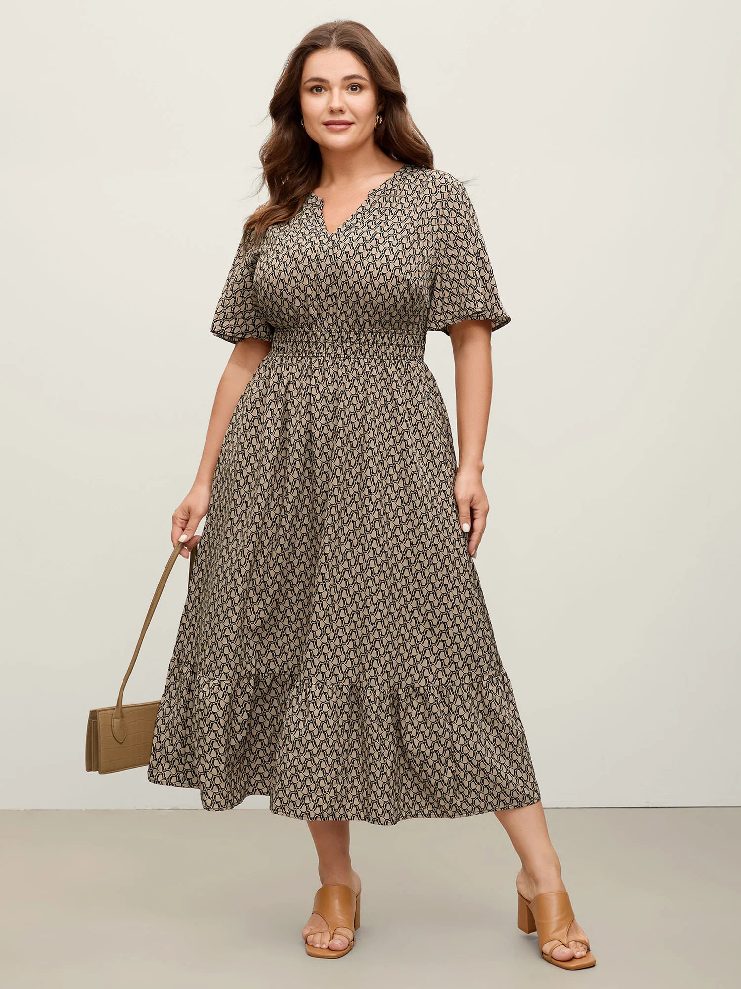 Geometric Print Waist-Cinched Tiered Midi Dress | Bloomchic