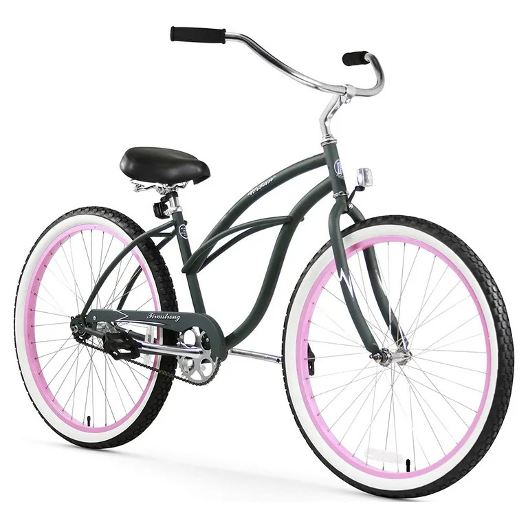 Firmstrong Urban Lady Single Speed 26" Beach Cruiser Womens Bicycle, Army Green w/ Pink Rims | Walmart (US)
