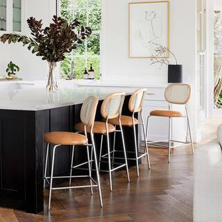 Rattan Counter Height Bar Stools With Faux Leather Seat (set of 4) | The Home Depot