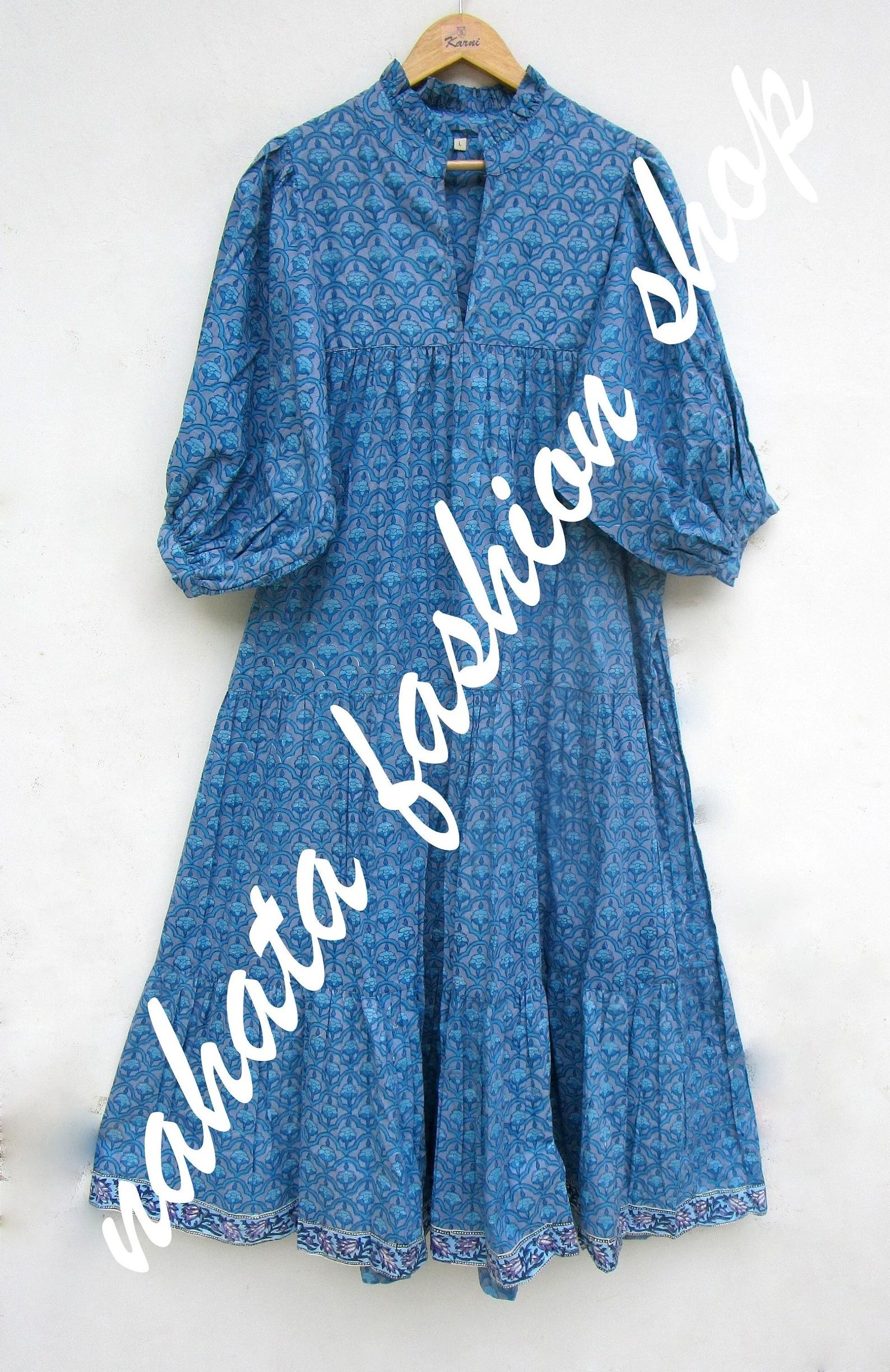 blue printed long beach maxi dress - v neckline maxi dress - 3/4th sleeve with button maxi dress | Etsy (US)