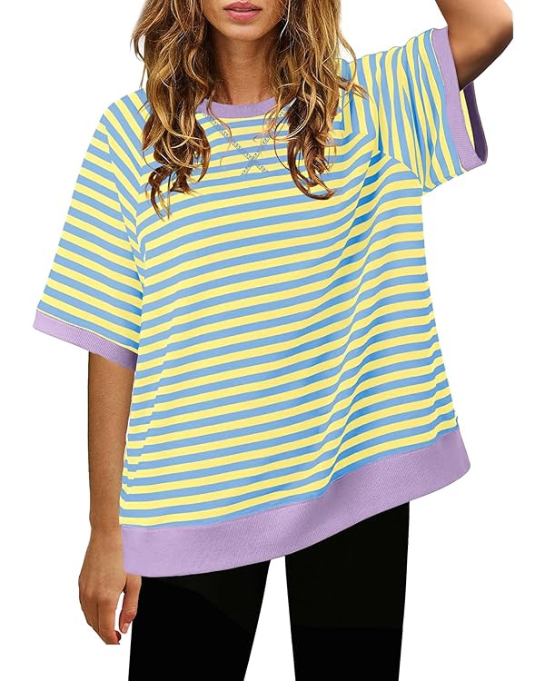 Nirovien Womens Striped Short Sleeve Tshirt Oversized Crewneck Shirt Color Block Tee Shirts Summe... | Amazon (US)