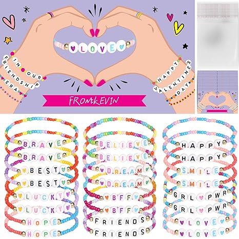 24 Set Valentines Day Gifts Bulk Valentines Cards with Colorful Friendship Bracelets Classroom Sc... | Amazon (US)