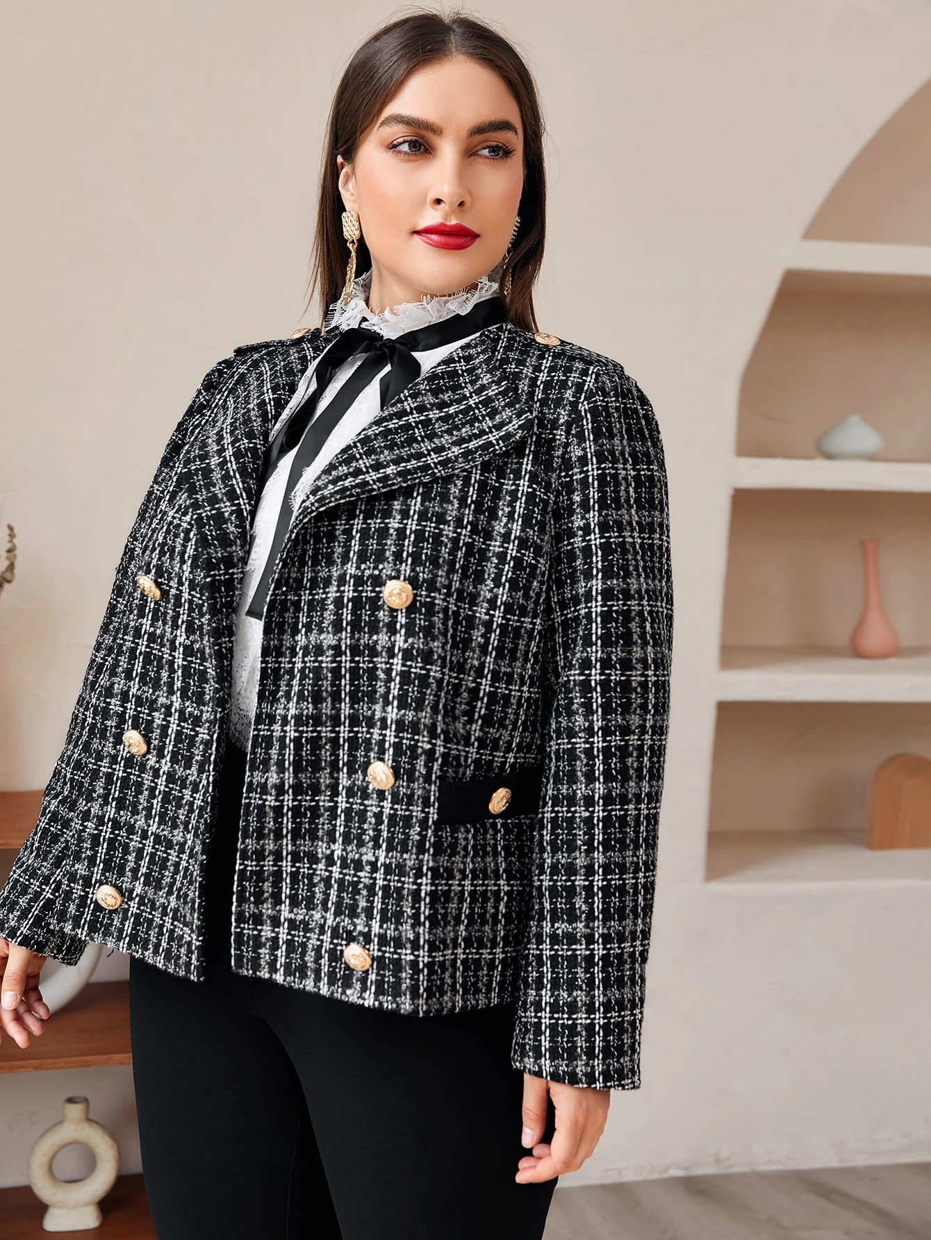 SHEIN Plus Button Detail Open Front Plaid Tweed Coat | SHEIN