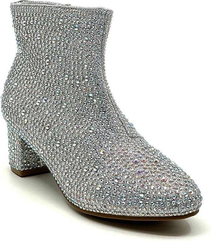 Forever Girls Rhinestone Boots Kids Low Heel Dress Booties Iceberg-12K Shoes Silver Rhinestone 11 | Amazon (US)