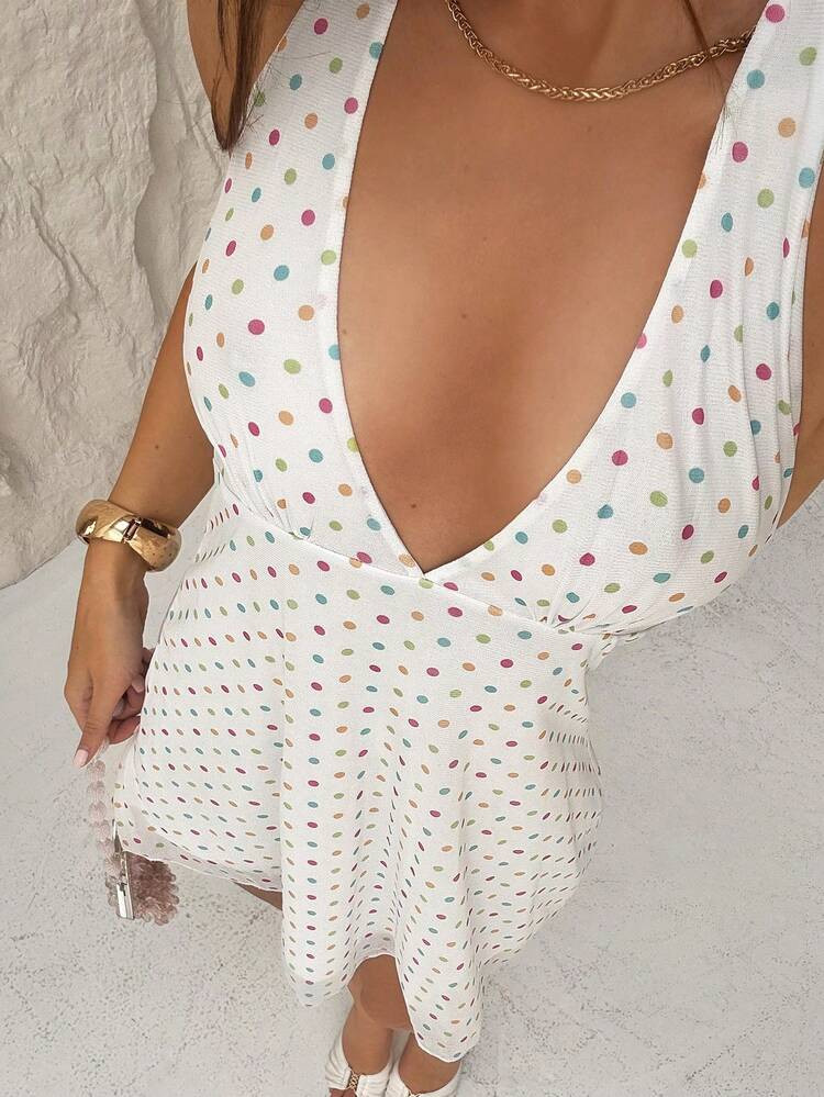 TRNVIE 1pc Women's Mini Dress, Black V-Neck Romantic Polka Dot Waist Cinched, Suitable For Daily, Commute, Casual, And Date Occasions, Autumn/Winter | SHEIN