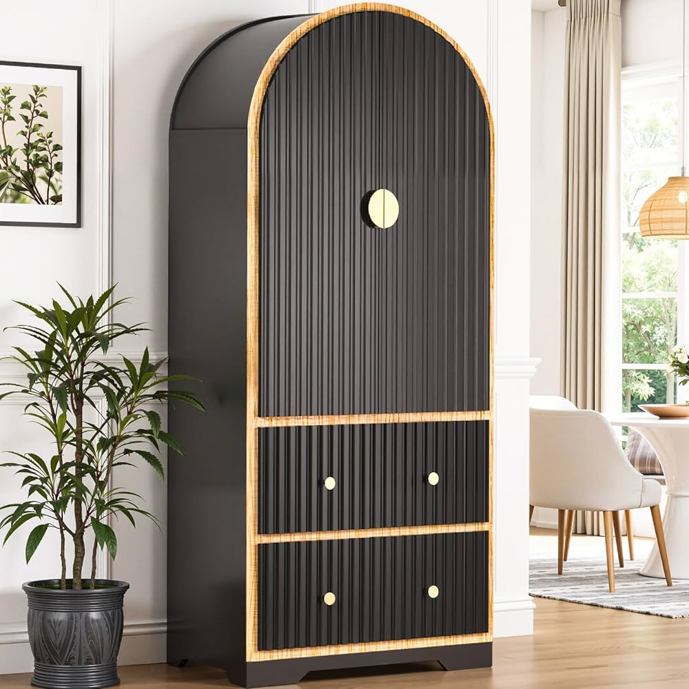 78" Tall Black Arched Cabinet with Fluted Doors, 4 Adjustable Shelves & 2 Drawers, Modern Storage... | Amazon (US)