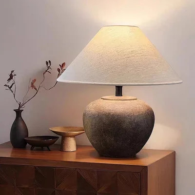 16in Wabi Sabi Ceramic Table Lamp, Rustic Farmhouse Bedside Lamp with Linen Shade, Earthy Brown | Wayfair North America