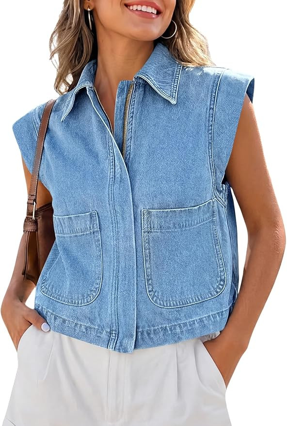 Tankaneo Womens Zip Up Denim Vest Top Summer Cap Sleeve Cropped Jean Vests | Amazon (US)