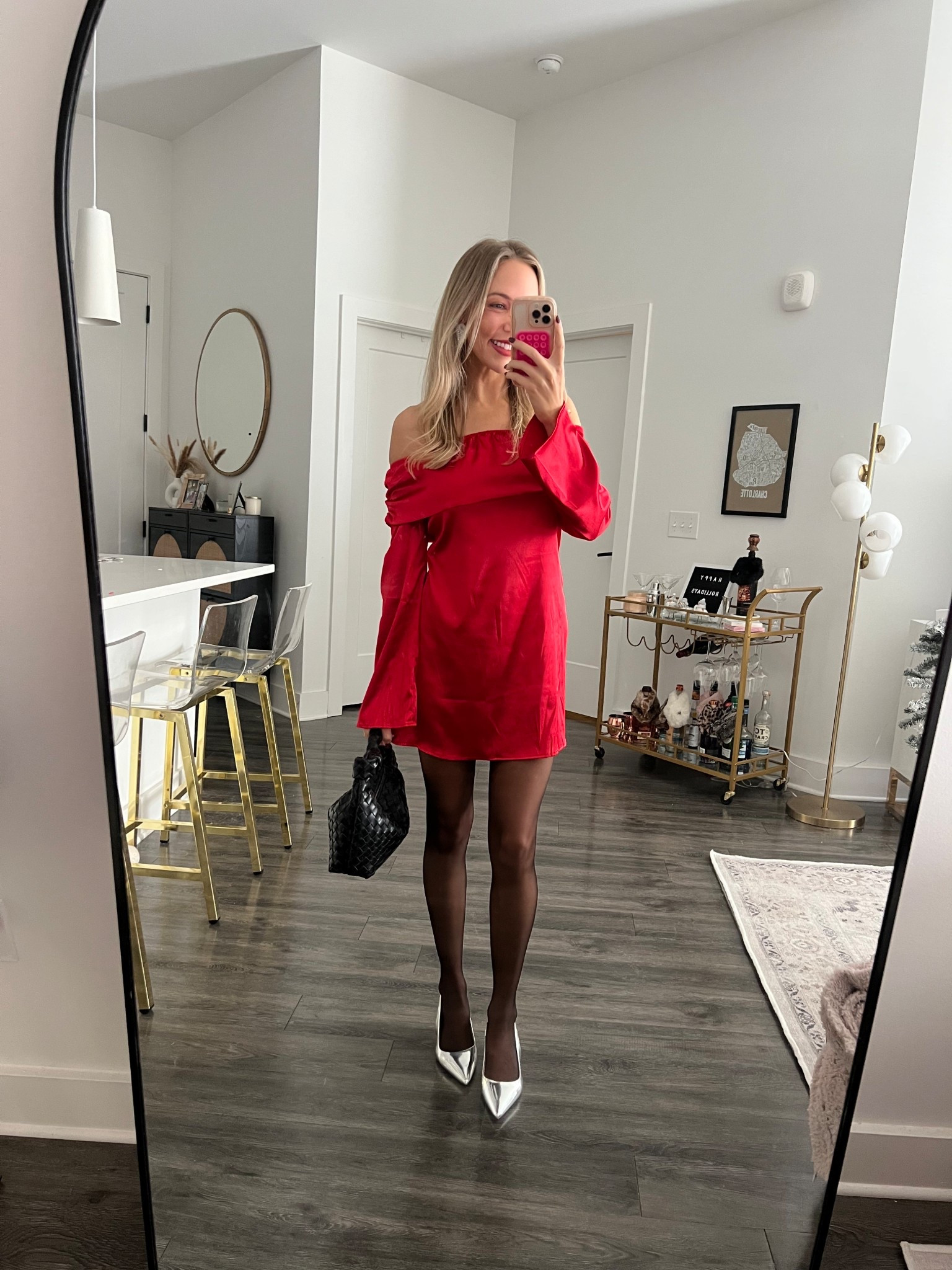 Red off the shoulder dress, long sleeve mini dress with silver heels and sheer black tights holiday party outfit 

#LTKFindsUnder100 #LTKHoliday #LTKFindsUnder50