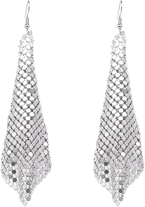 Rectangle Dangle Lightweight Mesh Tassel Sequin Long Drop Earrings | Amazon (US)