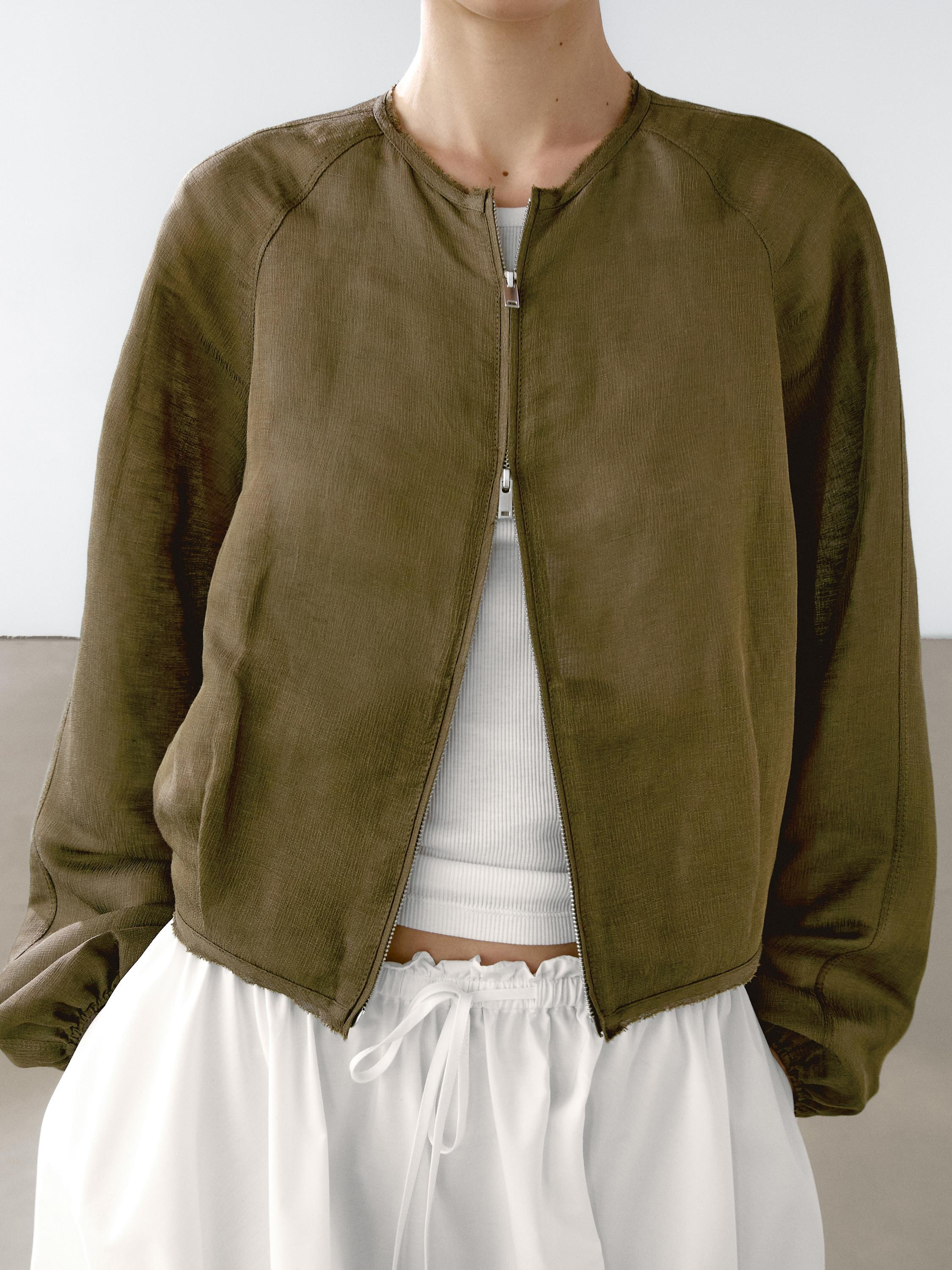 Frayed linen and silk bomber jacket | Massimo Dutti US