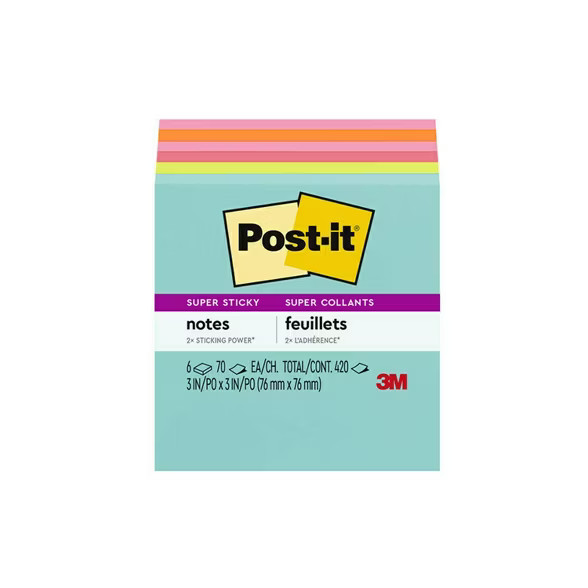 Post-it 6pk 3"x3" Super Sticky Notes 70 Sheets/Pad - Miami Collection | Target