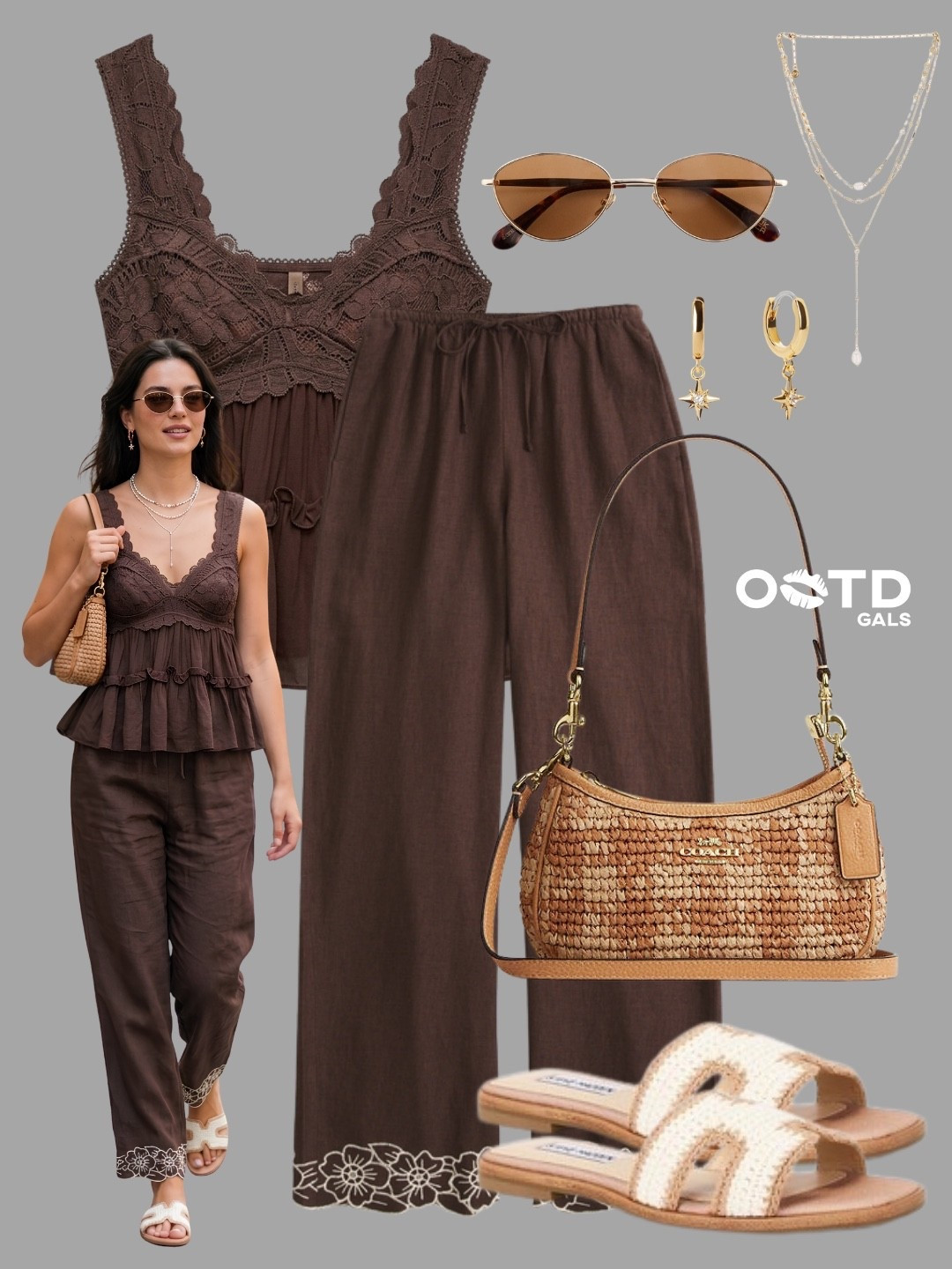 Rich chocolate tones and woven textures create a luxurious warm-weather look 🤎✨

This outfit embraces earthy elegance with a romantic twist. The lace-detailed camisole adds softness and femininity, while the relaxed wide-leg trousers keep the silhouette effortless and comfortable. Natural woven accessories and delicate gold jewelry enhance the bohemian-inspired aesthetic without overwhelming the look.

✨ Style Details:
• Chocolate brown lace-trim camisole with delicate detailing
• Matching flowy wide-leg trousers with embroidered hem accents
• Woven raffia shoulder bag with tan leather trim
• Cream woven slide sandals
• Layered gold and pearl necklace
• Gold star-drop hoop earrings
• Tinted aviator sunglasses

The monochromatic brown palette feels rich and sophisticated, while the natural textures bring a relaxed resort-inspired feel. It's the perfect balance of romantic, breezy, and polished styling.

Perfect for tropical vacations, beachside lunches, resort evenings, outdoor brunches, summer markets, sunset dinners, coastal getaways, or warm-weather weekend outings.

#ResortStyle #BohoChic #SummerElegance

#LTKeurope #LTKstyletip #LTKsale