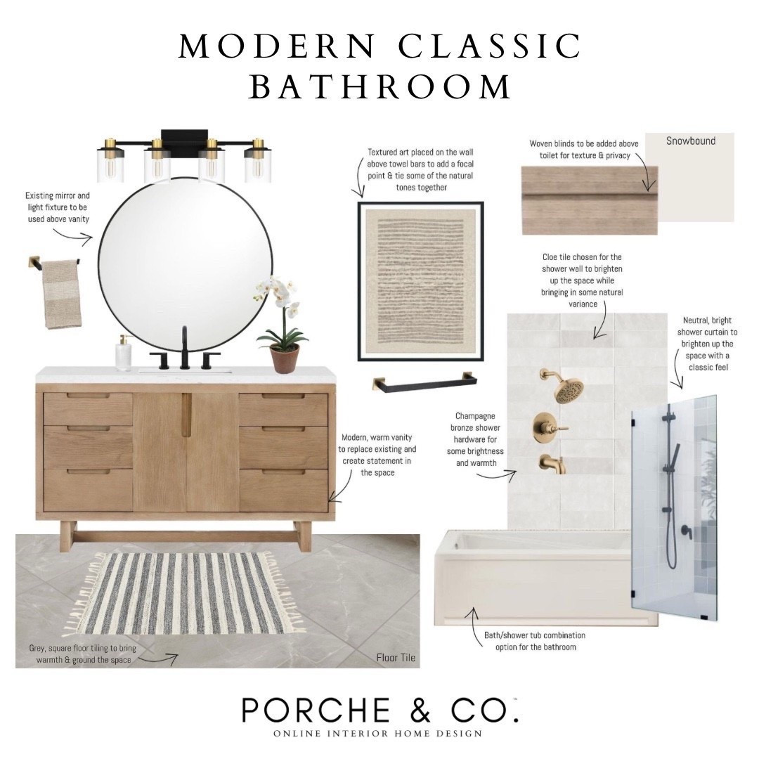 Bright, warm, and timeless ✨ This Modern Classic Bathroom features a natural wood vanity, champagne bronze accents, and soft neutral tones for a fresh yet inviting retreat. Bathroom Online Interior Design by Porche & Co.

#porcheandco #visionboard #moodboard #interiordesign #virtualdesign #modernclassic #bathroomdesign #onlineinteriordesign #neutralstyle #timelesshome

Do you want to bring our dreamy Modern Classic style interior design into your own home? 🏡 You’re in luck! Reserve our Online Interior Design packages today -> https://porcheandco.com/edesign ✨ We can’t wait to work with you & design your home with #porcheandco



#LTKvlog #LTKHome
