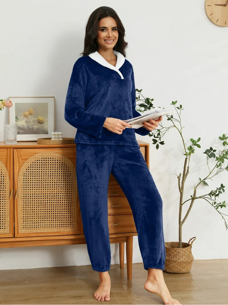 MINTREUS Women's Fluffy Pajamas Set Coral Fleece Pullover Pants Plush Sleepwear 2 Piece Pjs Set W... | Walmart (US)