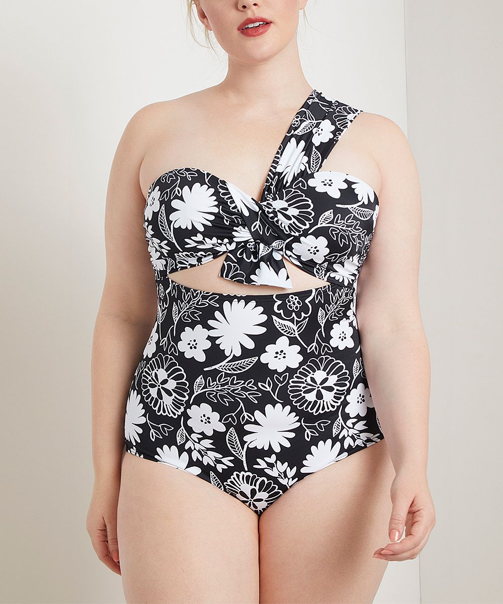 ELOQUII Women's One Piece Swimsuits Dot - Black & White Floral Cutout Asymmetrical One-Piece - Plus | Zulily