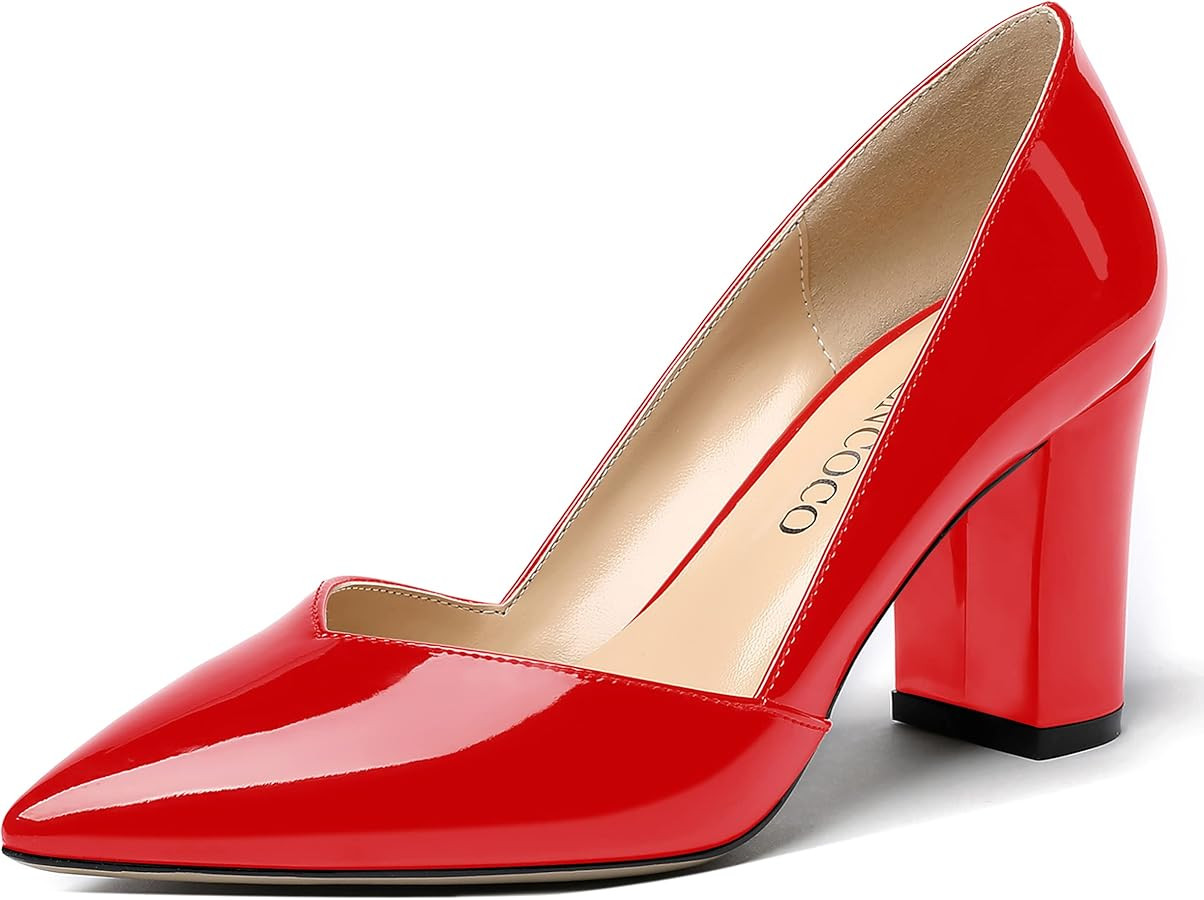 MODENCOCO Women's Pointed Toe Slip On Patent Cut Out Block High Heel Pumps Shoes 3.5 Inch | Amazon (US)