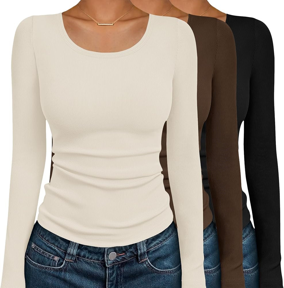 Ekouaer Womens Long Sleeve Shirts 3 Packs Scoop Neck Ribbed Tops Fitted Thermal Undershirt Soft L... | Amazon (US)
