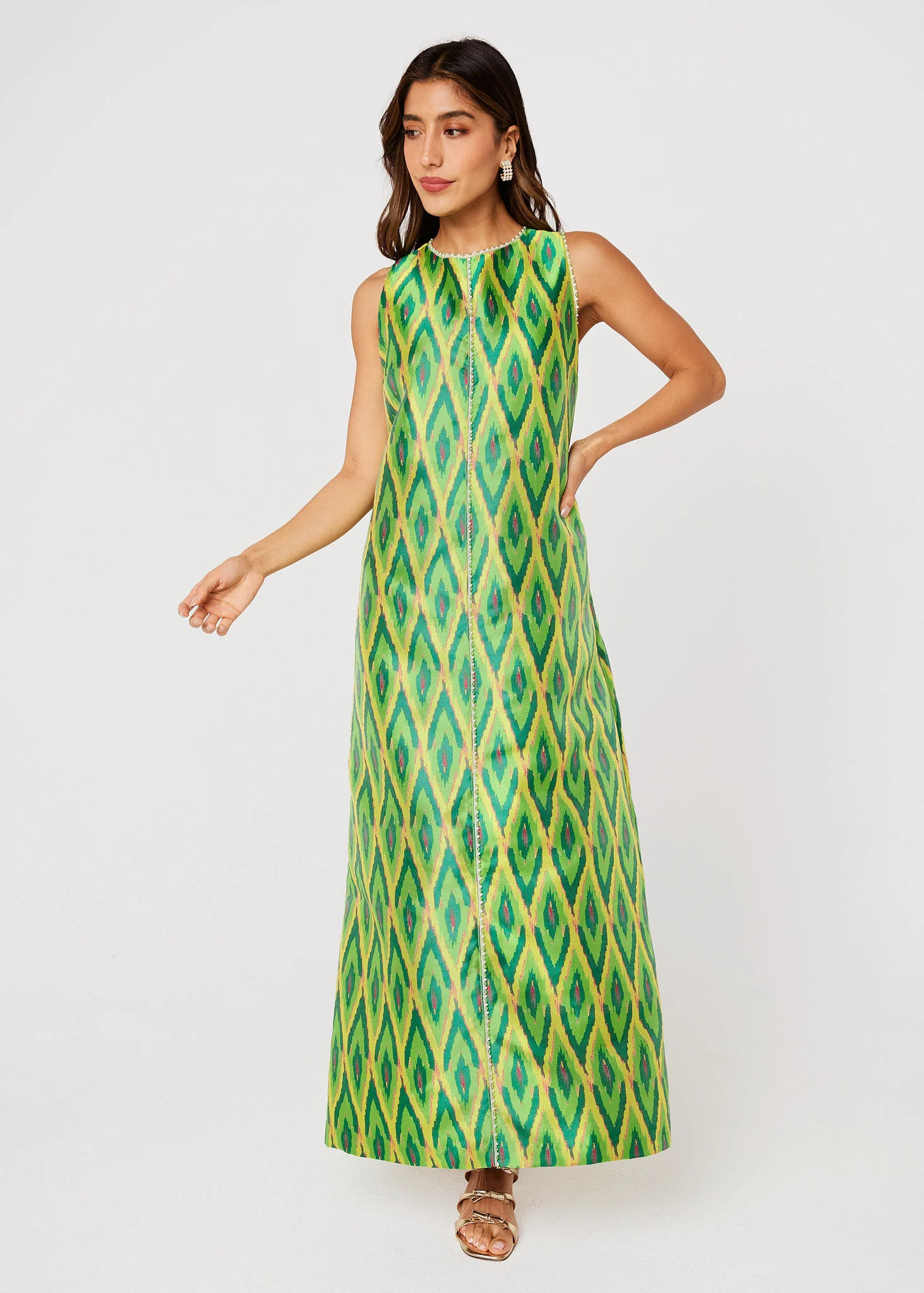 Hannah Dress Lime Ikat Jacquard | Abbey Glass