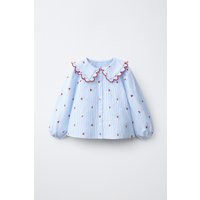 Zara - Embroidered Peter Pan Collar Shirt - Bluish - 3 Years (38,6 Inches) - Kids | Zara US