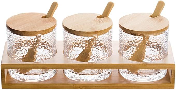 NUTRIUPS (10 Oz×3) Deluxe Bamboo Lid Condiment Pot High Borosilicate Glass with Bamboo Lid Woode... | Amazon (US)