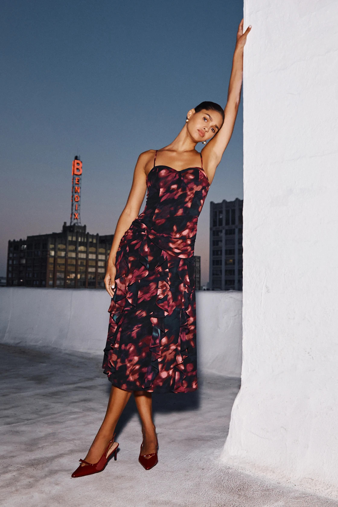 Impressive Attitude Black Abstract Ruffled Knotted Midi Dress | Lulus