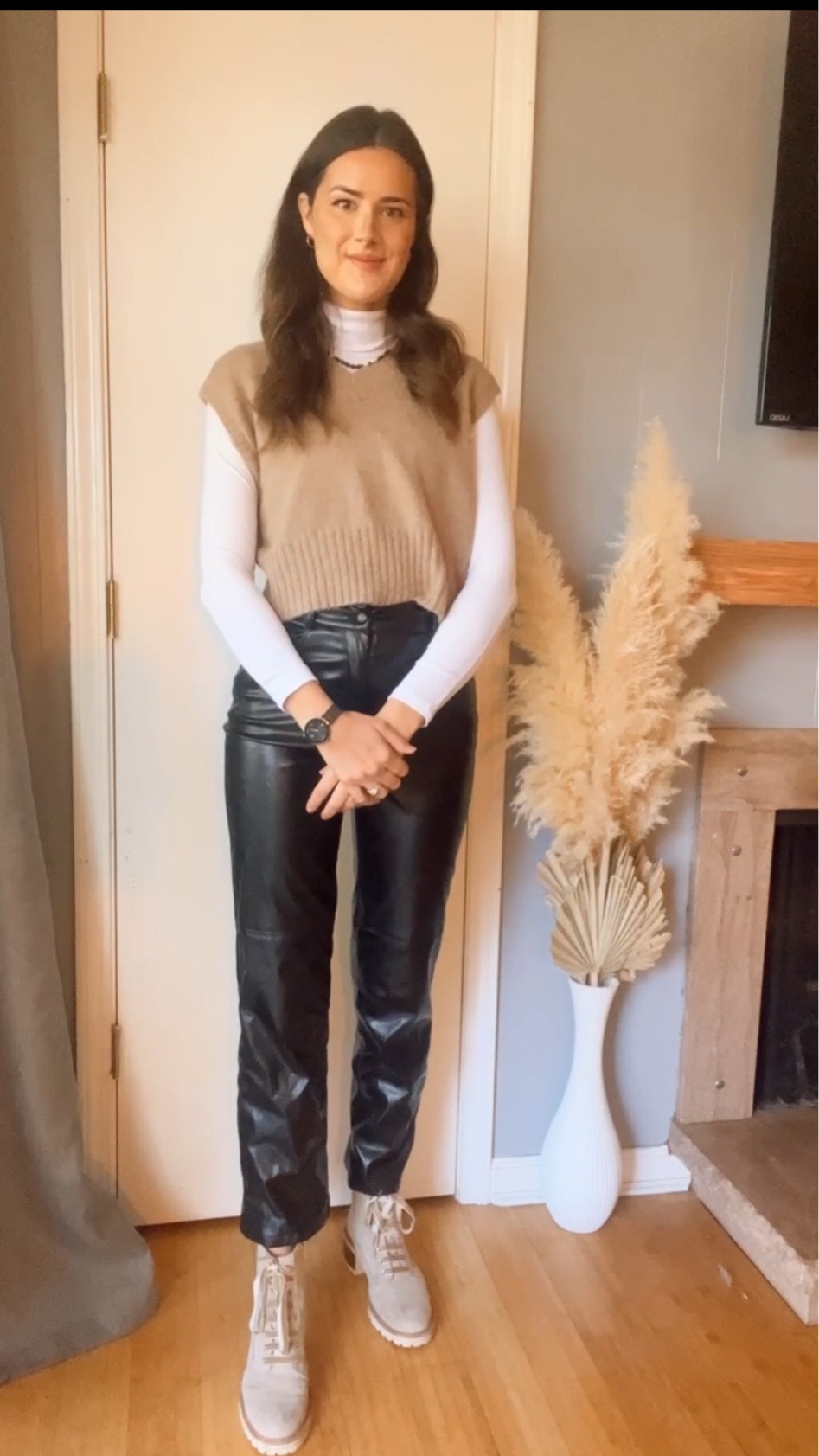 Thanksgiving outfit ideas// fall outfit ideas// leather pants// white ribbed turtleneck// sweater vest// tan booties 

#LTKSeasonal #LTKstyletip #LTKHoliday