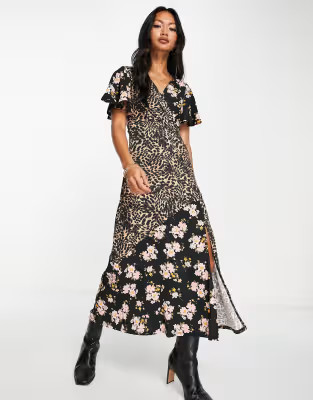 ASOS DESIGN crinkle wrap midi tea dress in leopard and floral print | ASOS (Global)