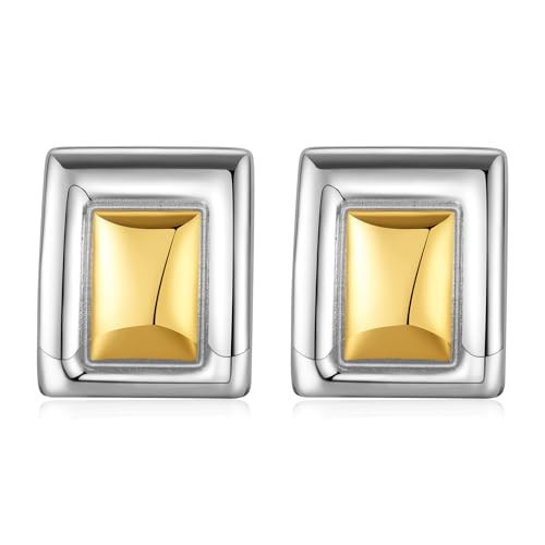 Dckazz Chunky Gold and Silver Square Earrings Two Tone Mixed Metal Stud Rectangle Stud Geometric Statement Earrings Women Trendy Classy Jewelry Stainless Steel | Amazon (US)