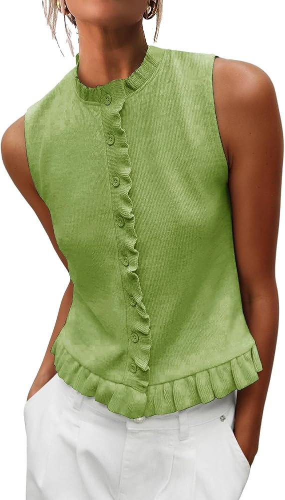 Womens Sleeveless Sweater Vest Mockneck Button Down Vacation Tank Top Summer Ruffle Going Out Ves... | Amazon (US)