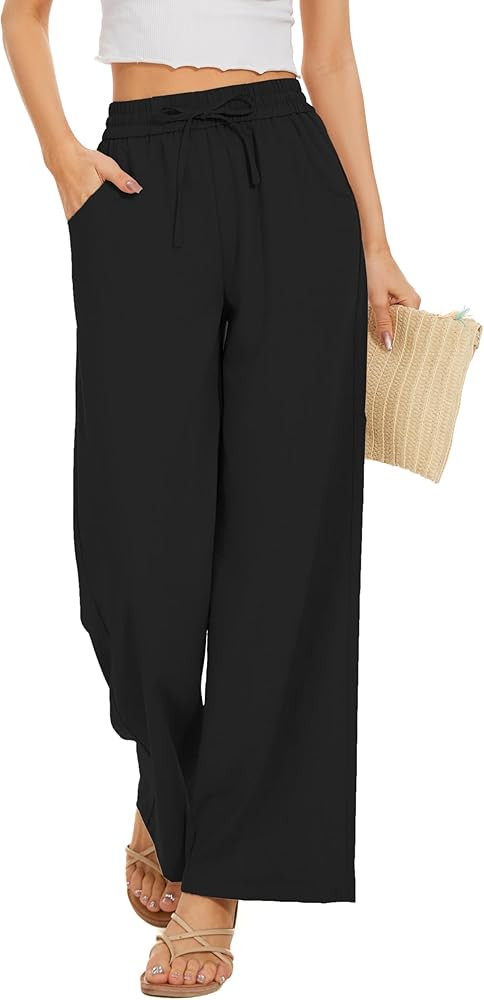 Women Summer Pants Flowy Pants Drawstring Waist Wide Leg Palazzo Beach Pants Loose Fit with Pocke... | Amazon (US)