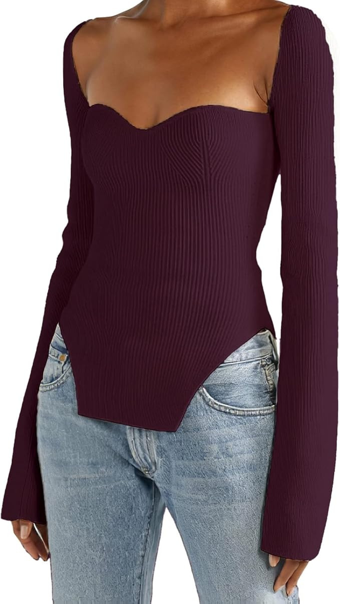 Women's Sweetheart Neckline Top Solid Square Neck Ribbed Knitted Sweater Long Sleeve Crop Slim Fi... | Amazon (US)