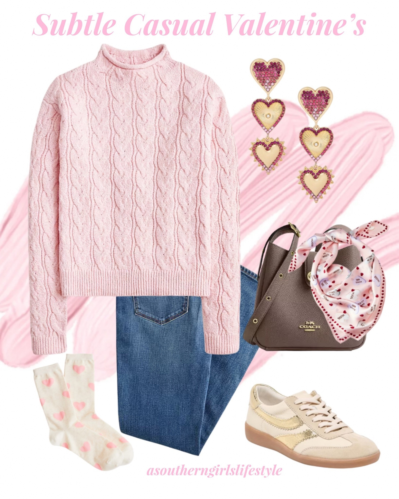 Preppy Casual Subtle Valentine’s Outfit - most pieces (sweater, jeans, purse & socks) are on Sale! 

Pink Cable Mockneck Sweater, Jeans, Dangling Heart Stacked Earrings, Coach Hadley Crossbody, Candy Heart Scarf, Heart Socks & Taupe Gold Sneakers 

Women’s Winter Outfit. Valentine’s Day. 

#LTKSeasonal #LTKPetite #LTKSaleAlert