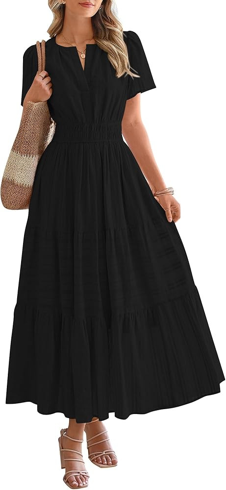BTFBM Womens Summer 2025 Casual Midi Maxi Dresses Lightweight Short Sleeve V Neck Elastic Waist B... | Amazon (US)