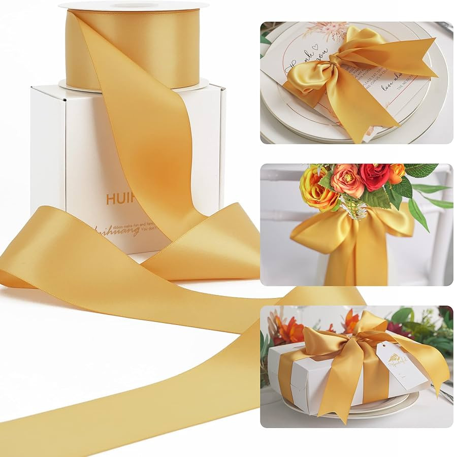 HUIHUANG Old Gold Ribbon 2 inch Wide Double Face Satin Ribbon Gold Silk Like Ribbon for Wedding F... | Amazon (US)